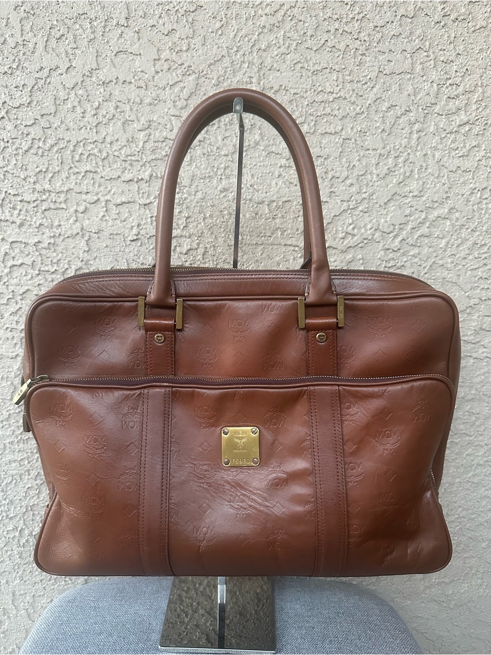 MCM Cognac Leather Briefcase with Gold Plaque